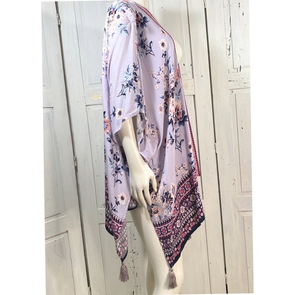 Knox Rose Lavender Floral Tassel Kimono Cardigan Open Front Boho Romantic ML - Picture 2 of 8